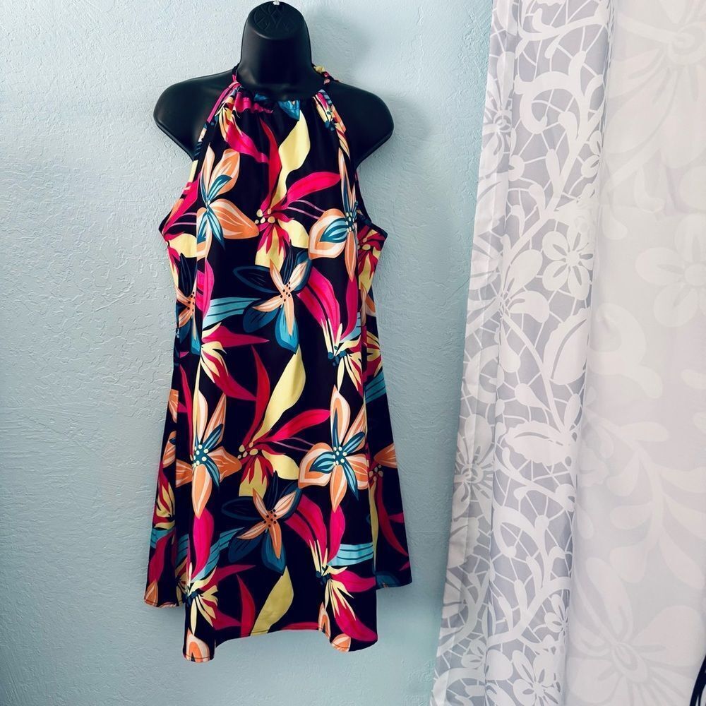 Unbranded Hot Pink Multicolored Tropical Floral Print High Neck Dress Size 2XL